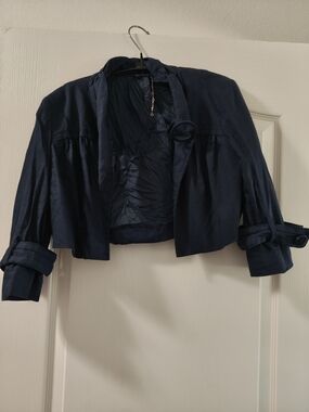 bebe Navy Cropped Blazer with Button-Tab Sleeves